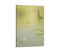 sfjjkh Oil Painting Woman Lotus Pond Sunset Poster Wall Art Canvas Aesthetic Cover Painting for Living Room Bed Room 12x18inch(30x45cm) Frame-style