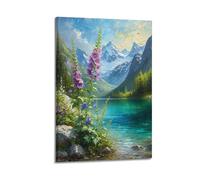 sfjjkh Purple Flowers Lake Snow Mountain Poster Wall Art Canvas Aesthetic Cover Painting for Living Room Bed Room 08x12inch(20x30cm) Frame-style