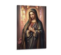 sfjjkh Religious Posters Virgin Mary Dark Cloak Pink Inner Stained Glass Praying Poster Wall Art Canvas Aesthetic Cover Painting for Living Room Bed Room 08x12inch(20x30cm) Frame-style