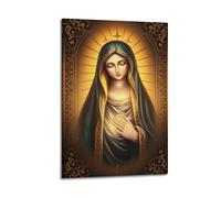 sfjjkh Religious Posters Virgin Mary Green Blue Cloak Light Robe Golden Frame Rays Poster Wall Art Canvas Aesthetic Cover Painting for Living Room Bed Room 20x30inch(50x75cm) Frame-style