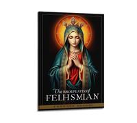 sfjjkh Religious Posters Virgin Mary Teal Cloak Red Robe Crown Text Poster Wall Art Canvas Aesthetic Cover Painting for Living Room Bed Room 20x30inch(50x75cm) Frame-style