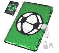SFODTN Football Sequin Diary Notebook with Lock, Soccer Notebook Set with 10 Color Pen Lockable Secret Diary Reversible Glitter Journal Writing Stationery Gift Set for Girls Boys Students Soccer Fans