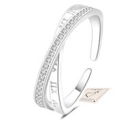 Sfoni Silver Ring for Women, Adjustable Open Band Ring Cubic Zirconia Roman Numeral Rings for Thumb Chic Twisted Rings Eternity for Wedding Promise Anniversary Birthday with Gift Box & Card, Silver