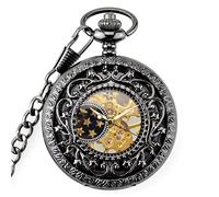 SFQEVHRZ Pocket Watch， Antique Skeleton Mechanical Roman Numerals Watches Clock Pendant with Chain(Black)