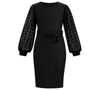 SFreeBo Black Dress for Little Girls 7-8 Winter Girls Belted Bodycon Dress with Sheer Jacquard Polka Dot Mesh Puff Sleeve Black Plain Party Dress