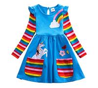 SFreeBo Girls Blue Dress Kids Cotton Long Sleeve T-Shirt Dress Winter Autumn Flower Unicorn Rainbow Casual Dresses Girls Gress 6-7 Years