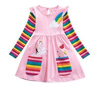 SFreeBo Girls Dress 6-7 Years Grils Pink Long Sleeve T-Shirt Dress Casual Rainbow Dresses for Kids Cotton Spring Autumn Dress with Unicorn Flower Party Dresses for Girls
