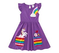 SFreeBo Purple Dress for Girls 3-4yrs Girls Rainbow Casual T-Shirt Dress with Pockets Little Girls Summer Birthday Dresses Toddler Kids Cartoon Unicorn Cotton Dresses