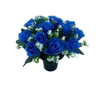 SFS Artificial Flowers For Graves | 12 Blue Roses in Flower Pots | Ideal For Cemetery, Memorial, Home or Christmas Decorations | Funeral Flowers Cemetery Grave Flowers | New & Improved Design