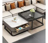 SFSLBFB Modern Nesting Coffee Table Set of 2 with Storage Drawers - Stackable Glass Square Coffee Table with Thick Steel Frame for Tea Drinking