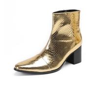 SFSSWSRYDF Men Gold Patent Leather Dress Boot with Mid Block Heel Side Zip Crocodile Prints Chukka Designer Ankle Boots,Gold,7 UK