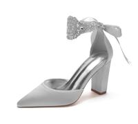 SFSSWSRYDF Satin Pumps Women's Chunky High Block Closed Pointed Toe Heels Rhinestone Ankle Strap Wedding Shoes with Ribbon Bow,B Silver,5 UK
