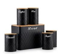 SG Traders 6pc Kitchen Storage Set with Airtight Bamboo Lids Includes Tea Coffee Sugar Nuts with Matching Biscuit Barrel Canister Jar & Stylish Bread Bin - Diamond Embossed Design Matt Finish (Black)