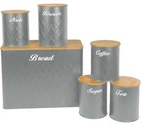SG Traders 6pc Kitchen Storage Set with Airtight Bamboo Lids Includes Tea Coffee Sugar Nuts with Matching Biscuit Barrel Canister Jar & Stylish Bread Bin - Diamond Embossed Design Matt Finish (Grey)