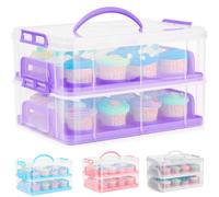 SG Traders Cupcake Carrier with Handle, 2 Tier Box Bake Cake Holder, 24 Muffin Cases Stackable Caddy, Baking Boxes Cases, Plastic Storage Adjustable Compartments, Purple (SG-426)