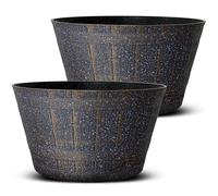 SG Traders Large Half Barrel Cask Planter, Flower Plastic Pots Outdoor Garden Planters, Indoor Plant Pot with Drainage Holes, Lilac Slate, Tan, Greywood with Black Straps, Set of 2, 40 x 23cm