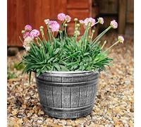 SG Traders Round Plastic Barrel Tub Planter Garden Plant Pot Flower Pots Antique Silver Whiskey Barrel Plant pots lightweight Unique Design Garden barrel planter pack of 2