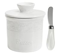 SGAOFIEE Porcelain Butter Crock, Butter Keeper Dish, French Ceramic Crock with Lid, Countertop French Ceramic Butter Dish Keeper for Spreadable Butter, White