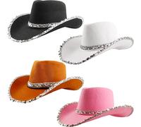 SGBETTER 4 Pack Adult Texan Country Cowboy Hat Western Cowgirl Hat Cowboy Hats Party Pack for Women Fancy Dress Party Accessory (White,Black,Brown,Pink)