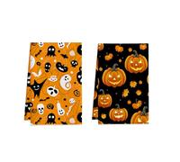 Sgehenr 2Pcs Halloween Decorations Tea Towel,45 * 66CM Orange and Black Pumpkins Bats Ghost Halloween Kitchen Towels Dish Towel Multi-Purpose Seasonal Decorations Hand Towels for Kitchen Bar
