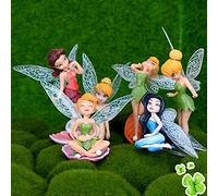 SGerste 6Pcs Flower Fairy Pixie Fly Wing Family Miniature Flower Fairy Girls Dollhouse Garden Ornament Accessories