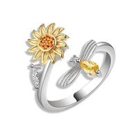 SGERUFZ 1pc Women Anxiolytic Rings - Sunflower Floating Positive Thinking Ring Adjustable Open Ring for Stress Reduction
