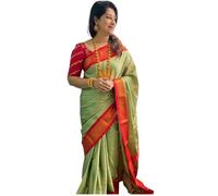 SGF11 Women's Kanjivaram Soft Lichi Silk Saree With Blouse Piece (Light Green Red), Light Green Red, One Size