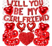 SGFNXB 147 Pcs Will You Be My Girlfriend Balloons, Valentine's Day Red Love Set, Swirls, Foil Letter, Red Heart, Rose Petals, Suitable for Expressing Love on Romantic Date Nights