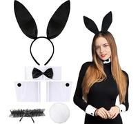 SGFNXB Bunny Ears, Bunny Costume, 6 PCS Animal Costume Set Includes Bunny Ears Headband Bow Tie Hand Sleeves Bunny Tail Lotus Edge Leg Ornament, For Fancy Dress Easter Party Prop Supplies (Black)