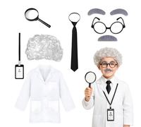 SGFNXB Mad Scientist Costume Kids, Scientist Costume Kids, 7 Pcs Dress Up Costumes Clothes Wig Tie Beard Glasses Tag Magnifying and Glass, Lab Coat for Science Week Dress Up Cosplay Party (L)