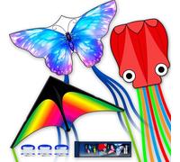 SGftre 3 Piece Set Butterfly Delta Octopus Kites for Kids and Adults,Easy to Fly for Outdoor Adults Children Line Kite for Kids Toy (Gradient Grassland Rainbow+Octopus Red+Blue Dreamy Butterfly, 3)