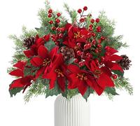 Sggvecsy 12Pcs Christmas Flowers Artificial Poinsettia Bouquet 15’’ Red Berry Branches Pine Cedar Stems Pinecone Picks for Home Porch Garden Indoor Outdoor Holiday Xmas Decorations