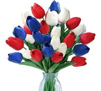 Sggvecsy 15 Pcs Fake Tulips Artificial Flowers Real Touch PU Faux Flowers Tulip Stems for Grave 4th of July Memorial Day Independence Day Veterans Home Decoration (Red White and Blue)