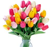 Sggvecsy 15 Pcs Fake Tulips Artificial Flowers Real Touch PU Faux Flowers Tulip Stems for Wedding Spring Bouquet Floral Arrangement Home Office Party Decorations for Mother's Day (Multi Colors)