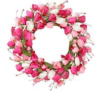 Sggvecsy 20in Tulip Wreath for Front Door Artificial Pink Flower Wreath Spring Summer Silk Flower with Heart Berries Green Leaves for Gifts Festival Wedding Window Wall Decor