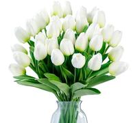Sggvecsy 30 Pcs Fake Tulips Artificial Flowers Real Touch PU Faux Flowers Tulip Stems for Wedding Spring Bouquet Floral Arrangement Home Party Office Decorations for Mother's Day (Green White)