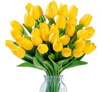 Sggvecsy 30 Pcs Fake Tulips Artificial Flowers Real Touch PU Faux Flowers Tulip Stems for Wedding Spring Bouquet Floral Arrangement Home Party Office Decorations for Mother's Day (Dark Yellow)