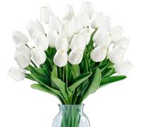 Sggvecsy 30 Pcs Fake Tulips Artificial Flowers Real Touch PU Faux Flowers Tulip Stems for Wedding Spring Bouquet Floral Arrangement Home Party Office Decorations for Mother's Day (White)