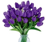 Sggvecsy 30 Pcs Fake Tulips Artificial Flowers Real Touch PU Faux Flowers Tulip Stems for Wedding Spring Bouquet Floral Arrangement Home Party Office Decorations for Mother's Day (Purple)