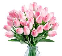 Sggvecsy 30 Pcs Fake Tulips Artificial Flowers Real Touch PU Faux Flowers Tulip Stems for Wedding Spring Bouquet Floral Arrangement Home Party Office Decorations for Mother's Day (Light Pink)