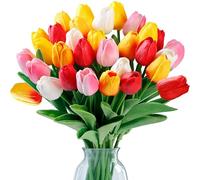 Sggvecsy 30 Pcs Fake Tulips Artificial Flowers Real Touch PU Faux Flowers Tulip Stems for Wedding Spring Bouquet Floral Arrangement Home Party Office Decorations for Mother's Day (Multi Colors)
