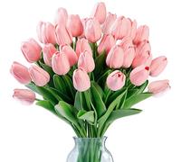Sggvecsy 30 Pcs Fake Tulips Artificial Flowers Real Touch PU Faux Flowers Tulip Stems for Wedding Spring Bouquet Floral Arrangement Home Party Office Decorations for Mother's Day (Milk Pink)