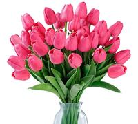 Sggvecsy 30 Pcs Fake Tulips Artificial Flowers Real Touch PU Faux Flowers Tulip Stems for Wedding Spring Bouquet Floral Arrangement Home Party Office Decorations for Mother's Day (Dark Pink)