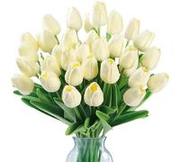 Sggvecsy 30 Pcs Fake Tulips Artificial Flowers Real Touch PU Faux Flowers Tulip Stems for Wedding Spring Bouquet Floral Arrangement Home Party Office Decorations for Mother's Day (Milk White)
