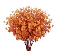 Sggvecsy 3pcs Artificial Fall Eucalyptus Leaves Fake Eucalyptus Branches Faux Silk Eucalyptus Stems Orange Silver Dollar Eucalyptus Plant for Autumn Home Wedding Table Thanksgiving Decor(Orange)