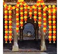 Sggvecsy 5 PC Marigold Garland Diwali Decor Artificial Flowers 5 feet Long Strands Faux Orange Garlands with Golden Bells for Pooja Indian Home Parties Wedding Decoration(Yellow & Dark Orange)