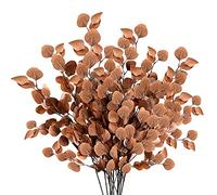 Sggvecsy 6 Pcs Fall Artificial Eucalyptus Stems Long Silver Dollar Leaves Fake Silk Eucalyptus Leaf Branches for Indoor Home Autumn Festival Thanksgiving Decor(Dark Brown)