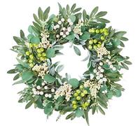 Sggvecsy Artificial Eucalyptus Wreath for Front Door 20 Inch with Greenery Leaves Lambs Ear White Berries for Spring Summer Farmhouse Window Porch Wall Home Indoor Outdoor Decor