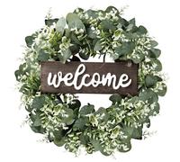 Sggvecsy Artificial Eucalyptus Wreath with Welcome Sign Green Eucalyptus Leaf Wreath 16in Greenery Wreath Round Leaves Wreath for Front Door Wall Window Festival Farmhouse Porch Patio Garden Decor