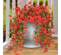 Sggvecsy Artificial Fake Hanging Flowers Plants for Outdoor Outside Spring Summer Decoration 2PCS Faux Silk UV Resistant Realistic Mums Daisy with Eucalyptus for Home Porch Patio Balcony(Red)